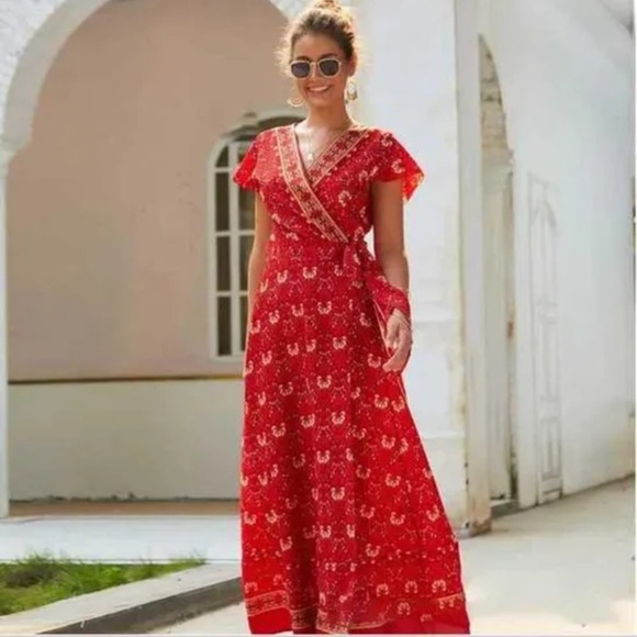 Women’s Pretty Garden Wrap Around Dress Boho Red Floral Flutter Sleeve Medium - Picture 2 of 16
